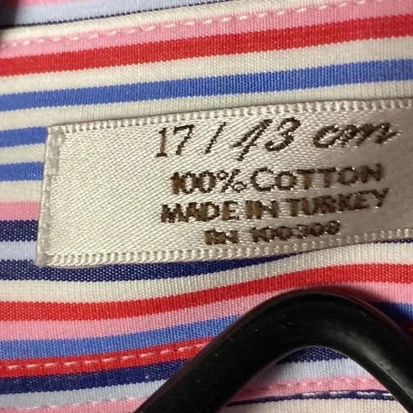PETER MILLAR MENS SIZE 17/43 COTTON LONG SLEEVE SHIRT PINK  PURPLE NAVY STRIPES - Picture 5 of 14